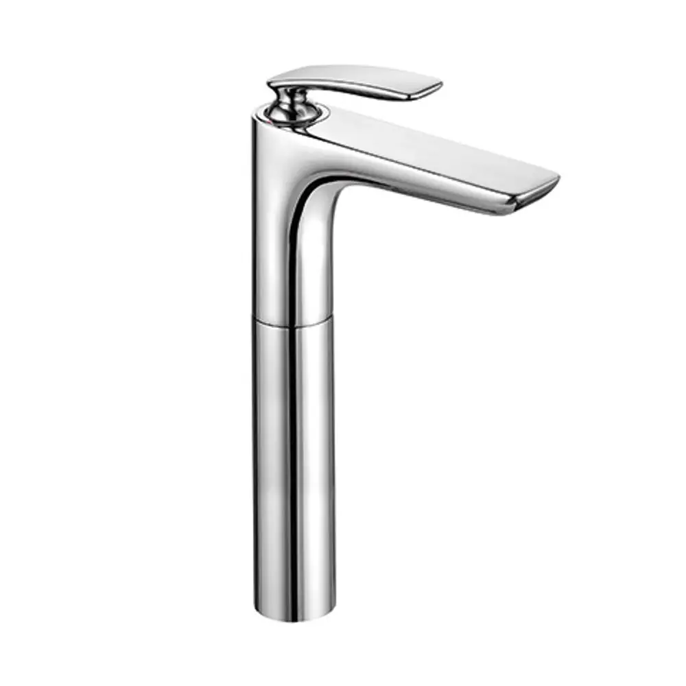 Waschbeckenarmatur von Kludi mit einem hohen, schlanken Auslauf und flachem Bedienteil. Oberfläche in glänzendem Chrom-Finish.